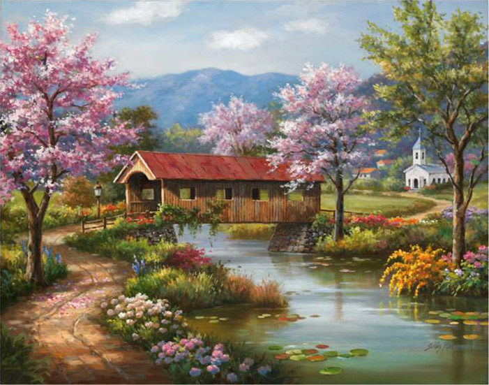 Covered Bridge in Spring painting - Sung Kim Covered Bridge in Spring art painting